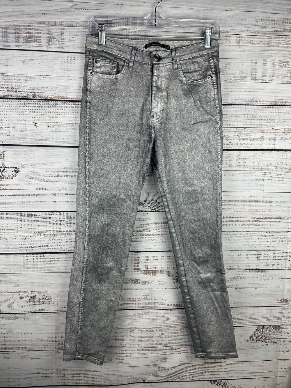 Zara Silver High Rise Skinny Jeans Disco Metallic Shimmer Stretch Bold 6 Y2K